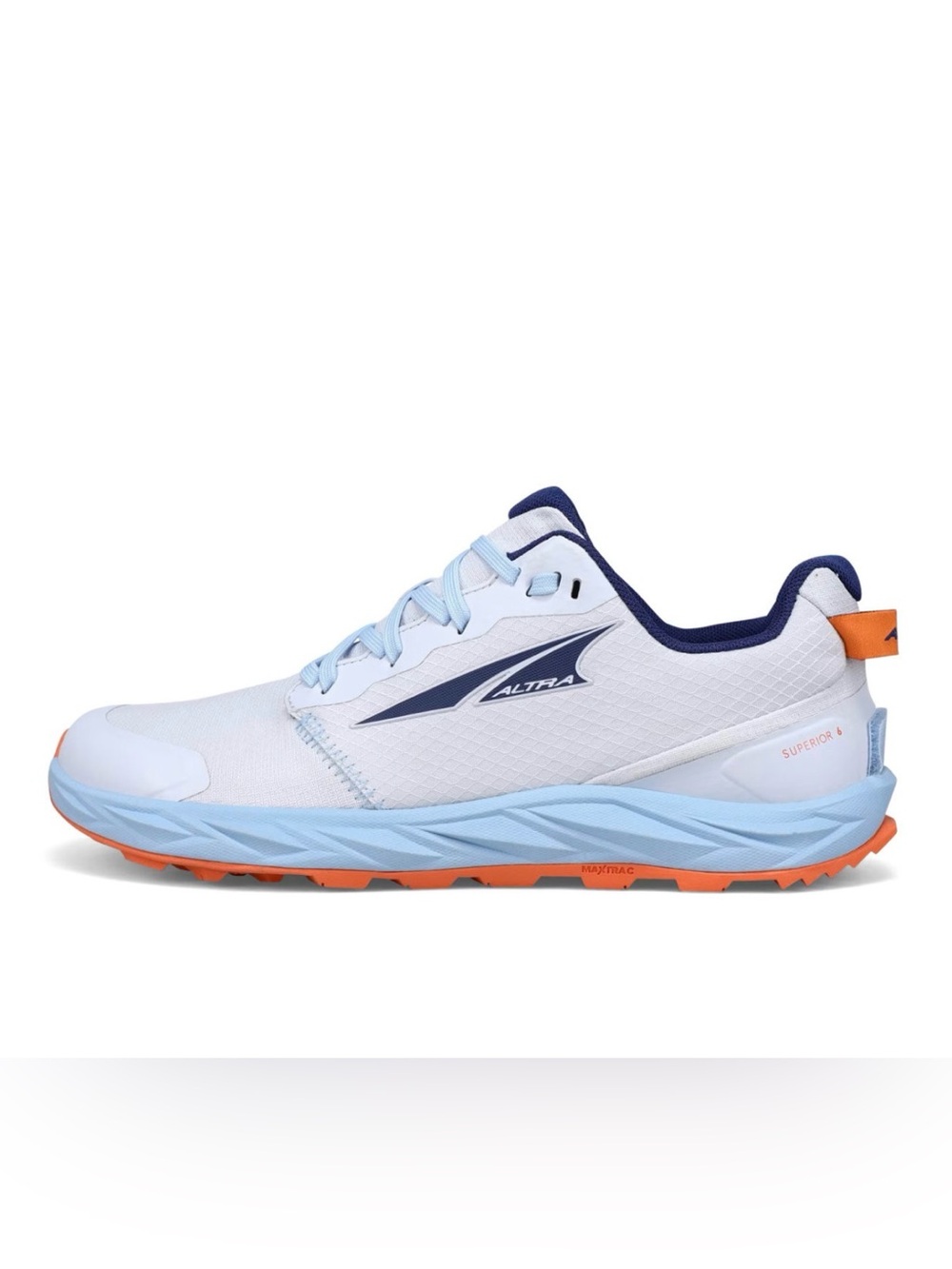 Altra Women's White and Light Blue Trail Running Shoe with Orange Outsole